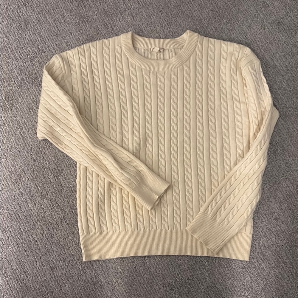 Hem & Thread Cream Cable Knit Crewneck Sweater